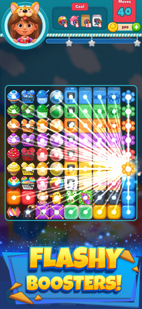 Epic Blast 3D: Toy Match Games - Gameplay of Epic Blast 3D featuring a colorful puzzle board and a flashy booster activation effect.