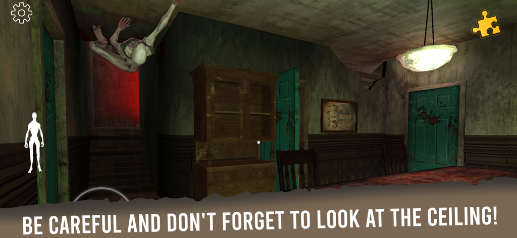 The curse of Emily:Horror Game - A terrifying monster crawling on the ceiling in a dark room from The Curse of Emily horror game
