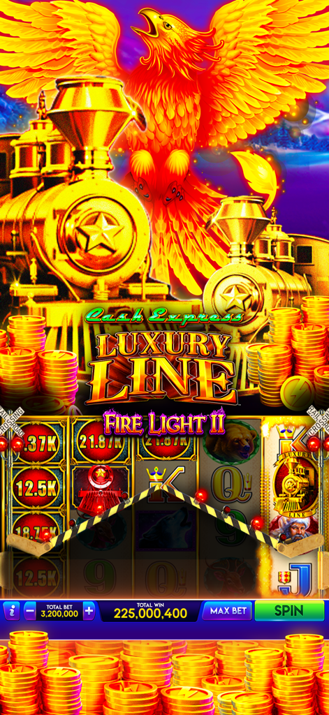 Gameplay de la machine à sous Cash Express Luxury Line dans Lightning Link Casino montrant un gros gain virtuel et un thème de train doré