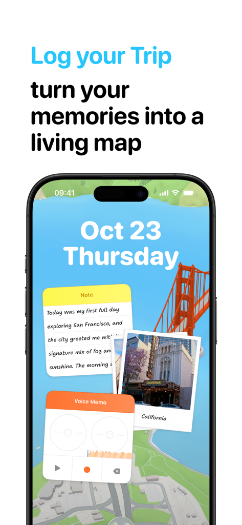 Ben Journal Digital Diary - Interfaz de la aplicación Ben Journal Digital Diary que muestra un registro de viaje con fotos y notas de voz integradas en un mapa interactivo