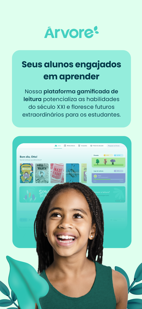 Árvore - Uma menina sorridente na frente da interface da plataforma de leitura gamificada Árvore para escolas