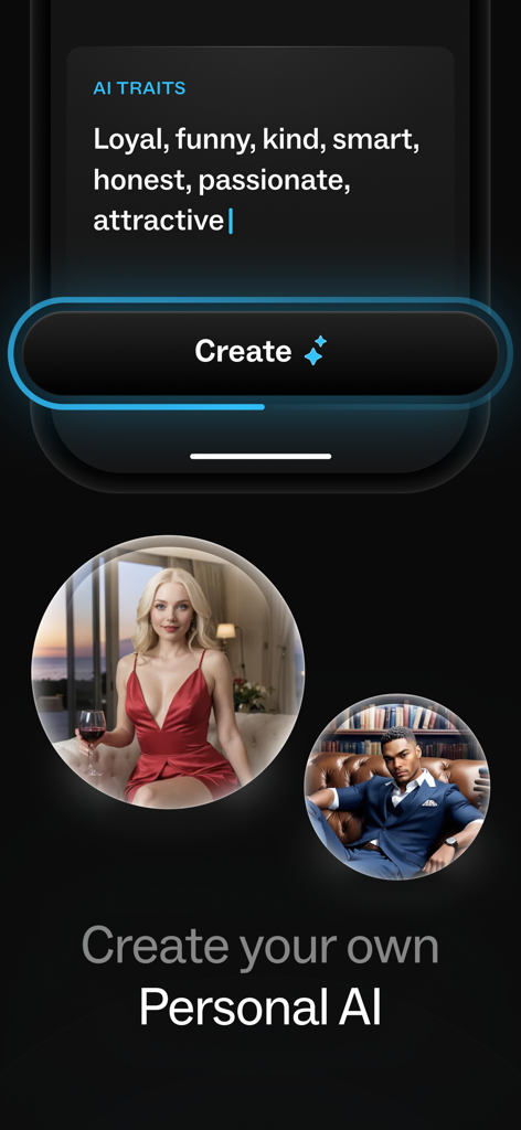 Butterflies - Talk to Real AIs - Interface of Butterflies app showing the creation of a personal AI with customizable traits and character previews