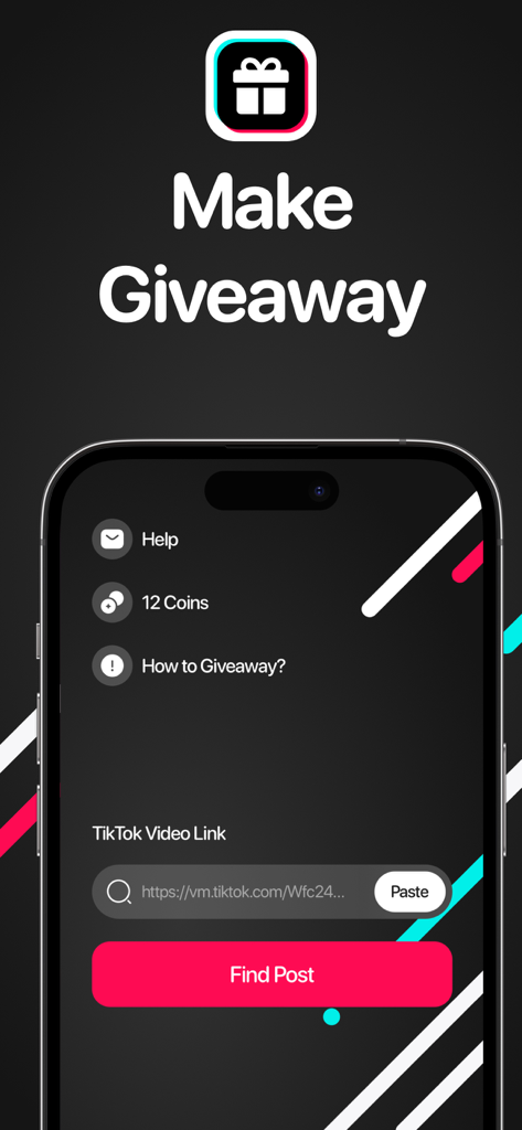 Giveaway Picker by Tikprize - Interface of the Tikprize app showing where to paste a TikTok video link to find a post for a giveaway
