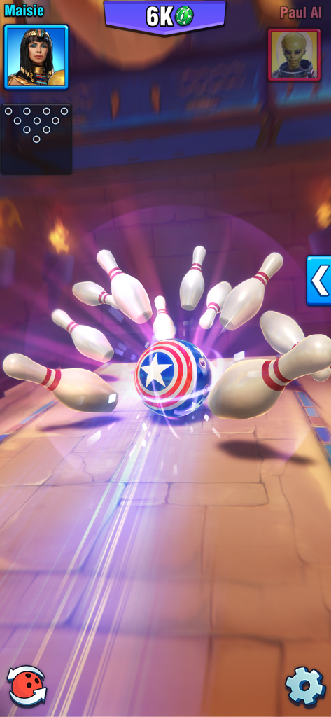 Bowling Crew — 3D Sport Game - 이집트 테마 볼링장에서 스트라이크를 위해 모든 핀을 치는 애국적인 볼링공