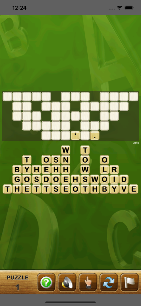 Topple! - Topple word puzzle game interface with vertical letter columns and empty quotation grid.