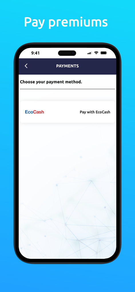 Interface de l'application EcoSure Zimbabwe pour payer les primes via EcoCash