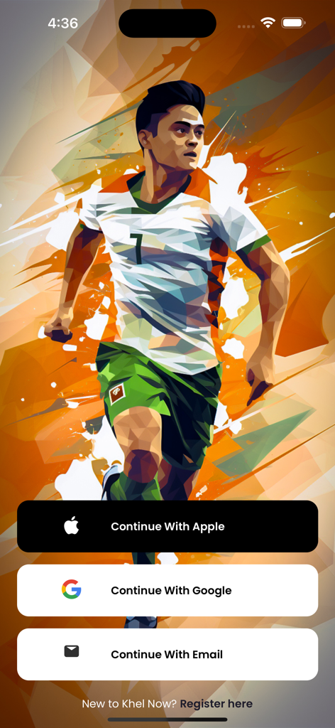 Khel Now app login screen featuring a stylized soccer player illustration and sign in buttons for Apple Google and Email.