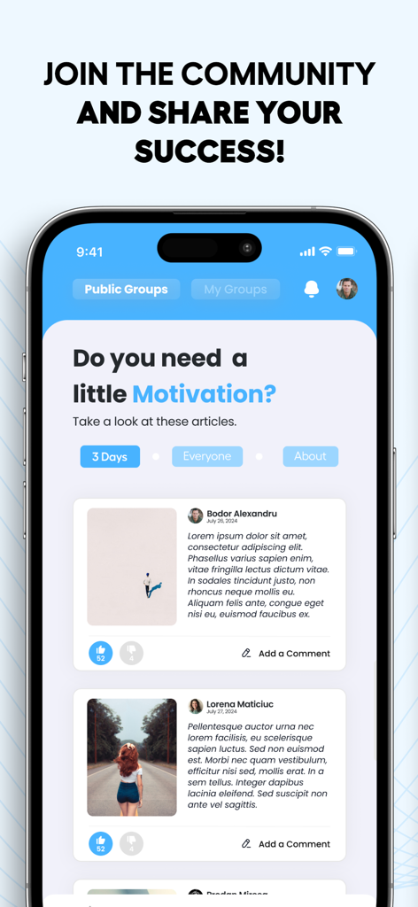 GambleStop: Quit Gambling - Interface communautaire de l'application GambleStop montrant des publications de motivation et des histoires d'utilisateurs pour le rétablissement du jeu.