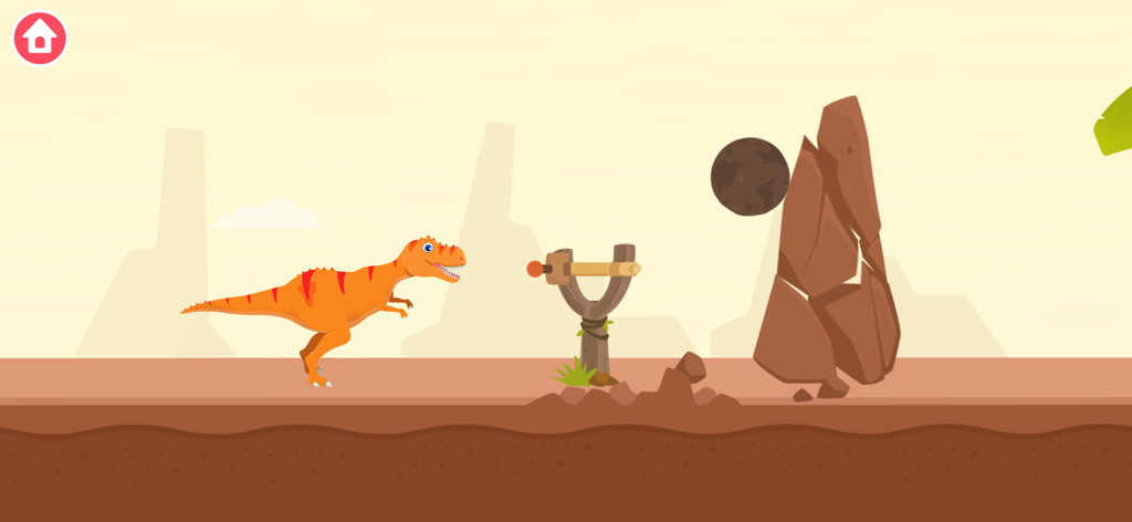 Un T-Rex orange se tenant près d'une catapulte en bois qui vient de lancer un rocher sur une grosse pierre dans un décor désertique.