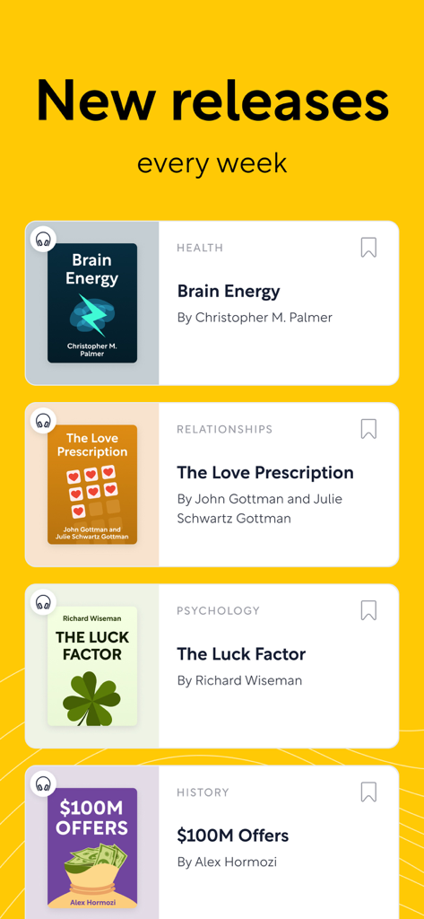 Shortform Daily Book Summaries - Shortform app interface showing weekly new book releases in categories like health relationships psychology and history