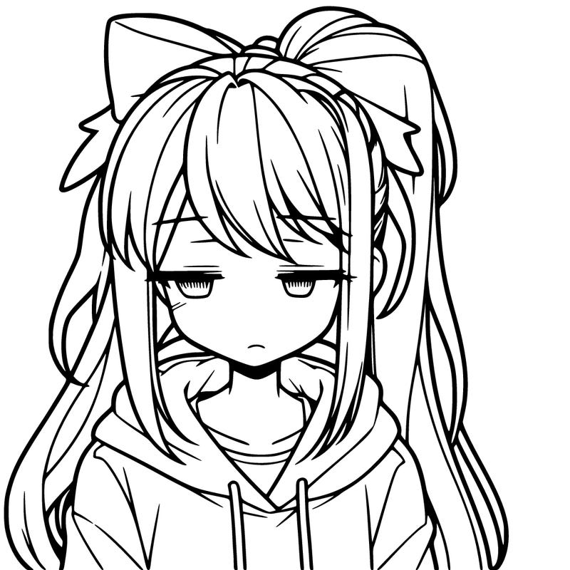tired anime girl in hoodie and over-the-shoulder ponytail