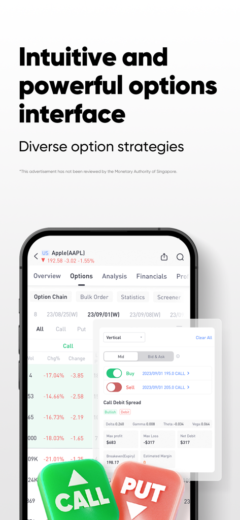 Tiger Trade: Invest Globally - Tiger Trade mobile app interface showing options trading strategies and Apple stock data