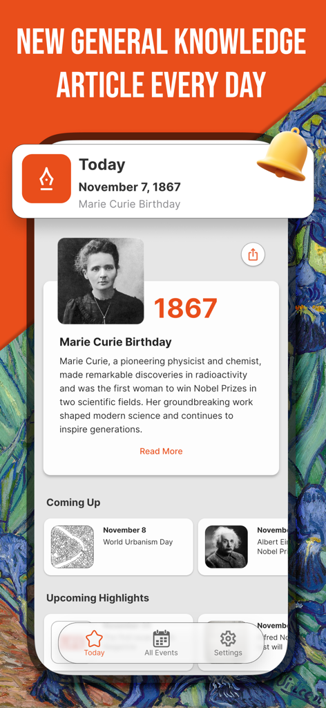 Factorium: Daily History Facts - Factorium アプリのスクリーンショット。マリー・キュリーと今後の歴史的イベントに関する毎日の歴史記事が表示されています。