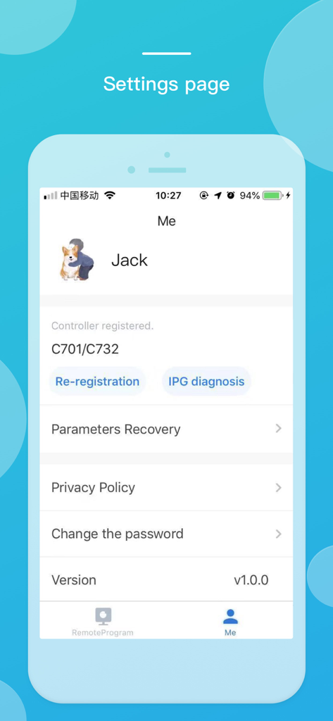 PINS Remote Program - PINS Remote Program app settings page displaying user profile and medical device controller information