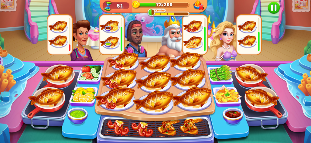 Jogabilidade do Chef Festival mostrando peixe grelhado servido a personagens de sereia e rei em um restaurante com tema subaquático