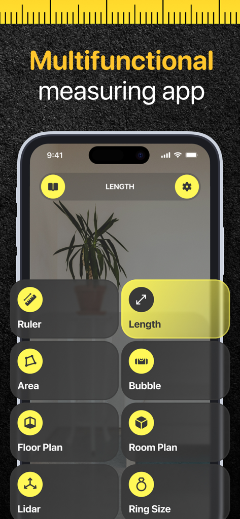 Level Tool・Tape Measure Арр - Tela de smartphone mostrando várias ferramentas digitais, incluindo régua, comprimento, área, nível de bolha e recursos de planta baixa