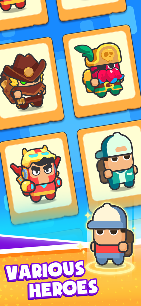 Backpack Hero: Merge Weapons - Una colección de diversos personajes héroes en el juego móvil Backpack Hero Merge Weapons.