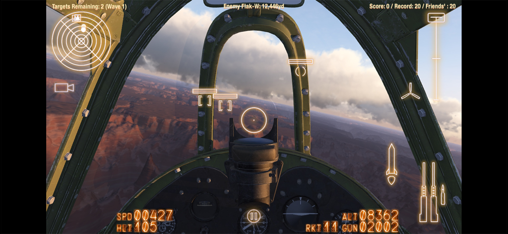 Alliance: Air War - First-person cockpit view of a vintage fighter plane flying over a canyon in Alliance Air War