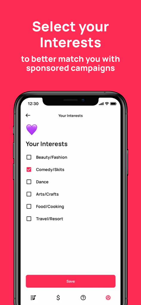 Sound.me - A screen in the Sound.me app where users select their content interests to match with music campaigns.