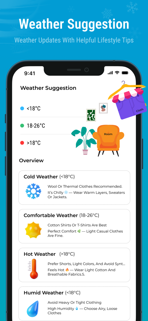 Schermata dell'app Termometro Interno che mostra raccomandazioni di abbigliamento e consigli di stile di vita basati su vari livelli di temperatura.