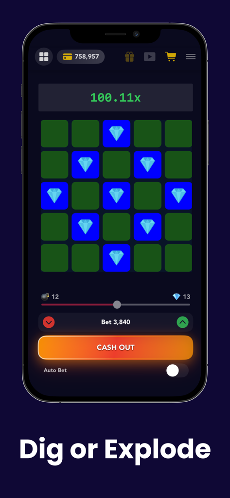Interface of the Mines mini game in Crash or Cash Lucky Casino showing a grid of diamonds and a cash out button.