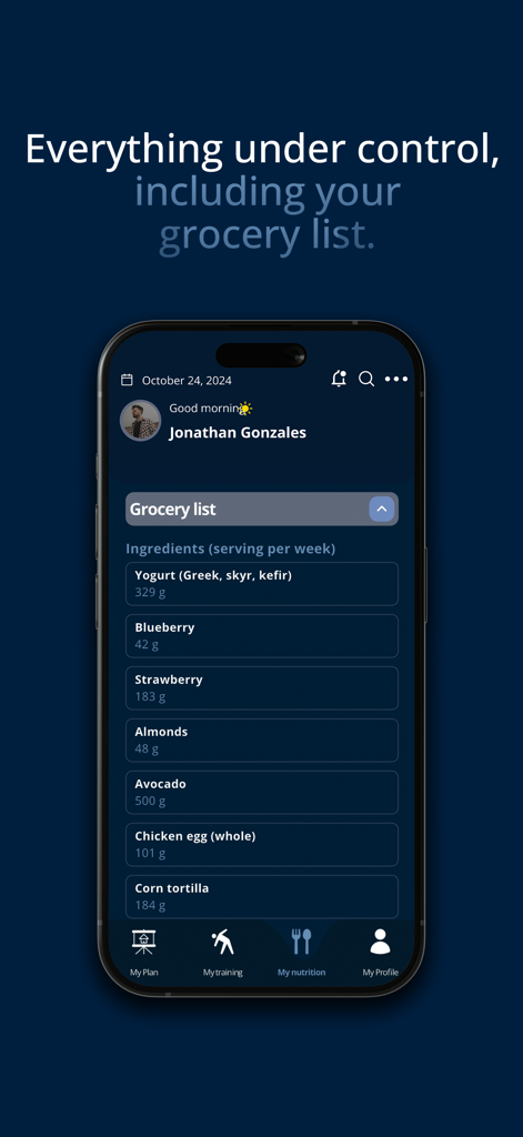 Now Me App En - Screenshot of the Now Me App showing a personalized weekly grocery list with ingredients like yogurt, berries, and avocado.