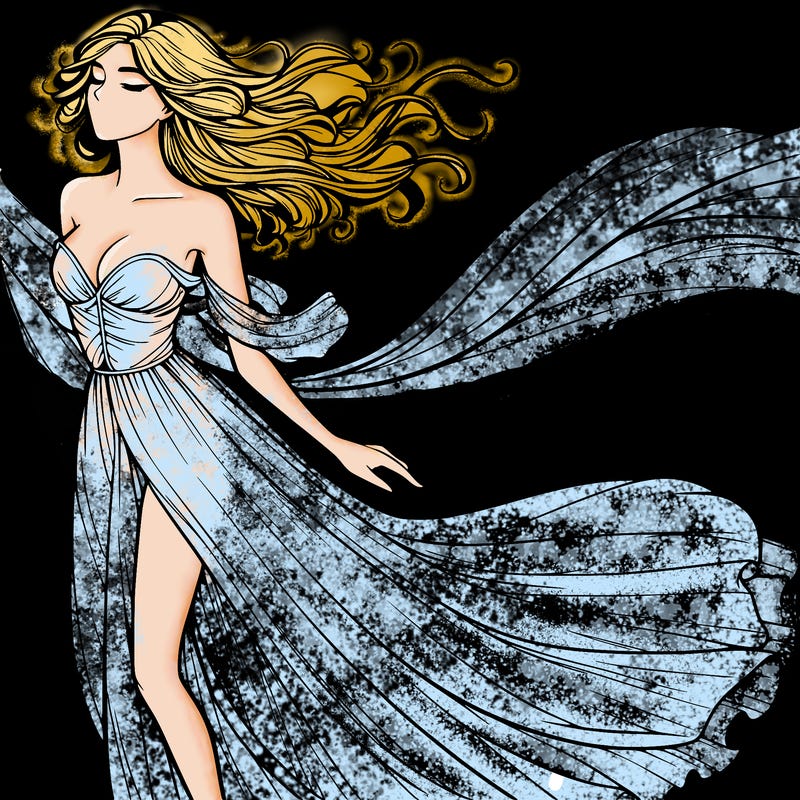 realistic woman in dress flowing the the wind