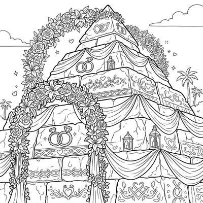 Embark on a unique coloring journey with this majestic pyramid, beautifully transformed for a grand wedding celebration. Adorn ancient stone blocks with intricate rings, delicate florals, and elegant drapes as you bring this romantic scene to life.