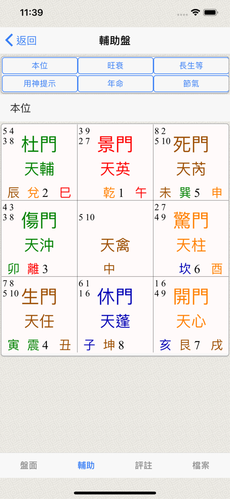 奇門-支持多種奇門的專業排盤系統 - Tavola ausiliaria del sistema di calcolo professionale Qi Men Dun Jia che mostra la griglia dei nove palazzi