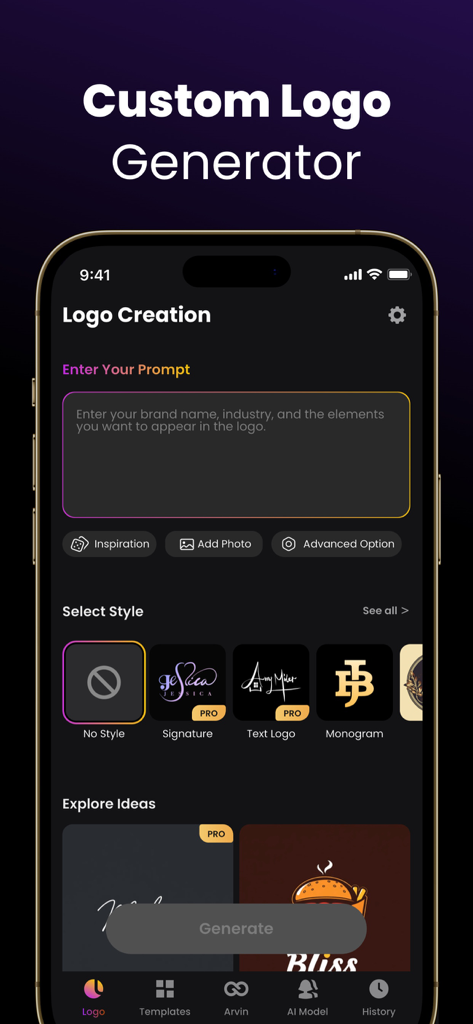 Interface of the Arvin AI Logo Maker app showing the custom logo generation screen with prompt input and style selection options