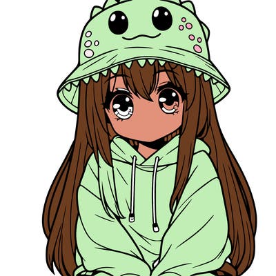 girl with anime shaped eyes with a dinosaur bucket hat oversized sweatshirt long straight hair