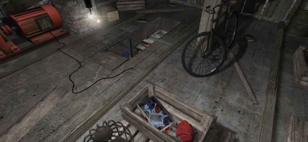 A first-person view of a dark attic featuring a red generator a bicycle and a trapdoor in Metel Horror Escape