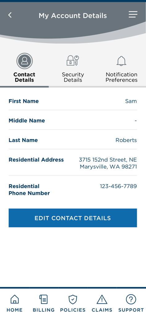 Uma captura de tela da tela de Detalhes da Conta do aplicativo MyCombined mostrando informações de contato como nome e endereço