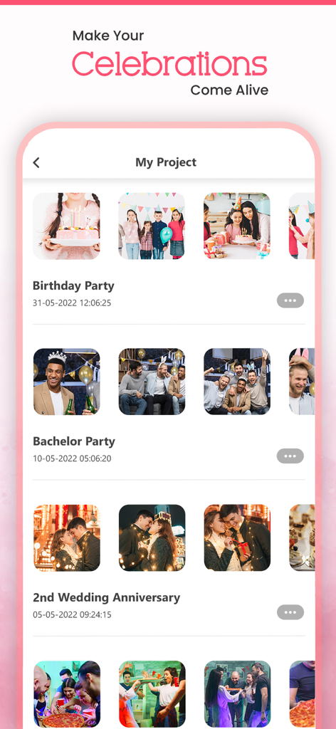 Video Maker - Slideshow Editor - Interface do aplicativo móvel mostrando uma lista de projetos de slideshow de fotos salvos para aniversários e comemorações.