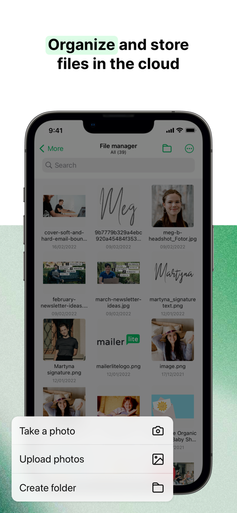 MailerLite Manager - Interface of the MailerLite Manager app showing the file manager and cloud storage options