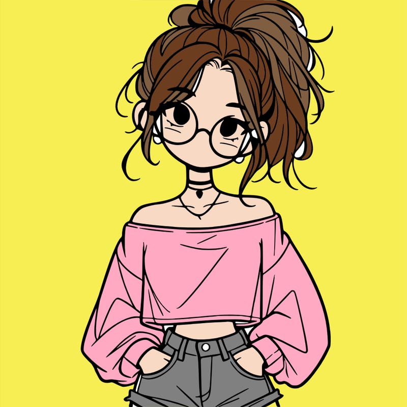 girl with a messy ponytail glasses a baggy crop top and jean shorts