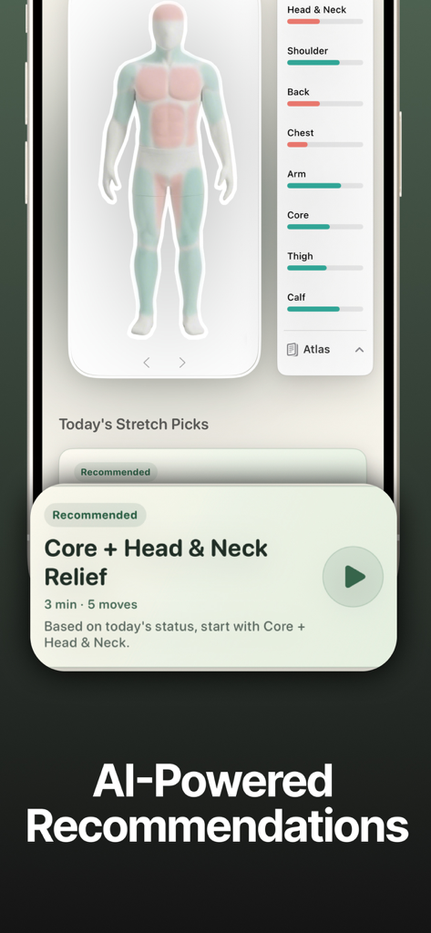 MuChills: Daily Stretch Log - Pantalla de aplicación móvil que muestra un mapa de calor corporal y recomendaciones de estiramientos impulsadas por IA para aliviar el cuello y el core