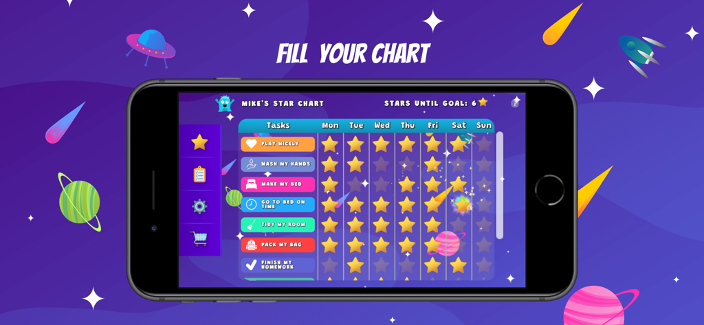 Star Chart - Parenting App - Un cuadro de recompensas digital para niños que muestra tareas diarias y estrellas ganadas en un fondo temático del espacio