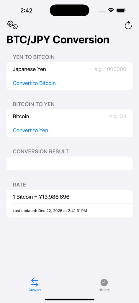 Instant BTC/JPY Calc! - Interfaz de la aplicación Calculadora Instantánea BTC JPY para convertir Bitcoin y Yen japonés con visualización de la tasa de cambio actual
