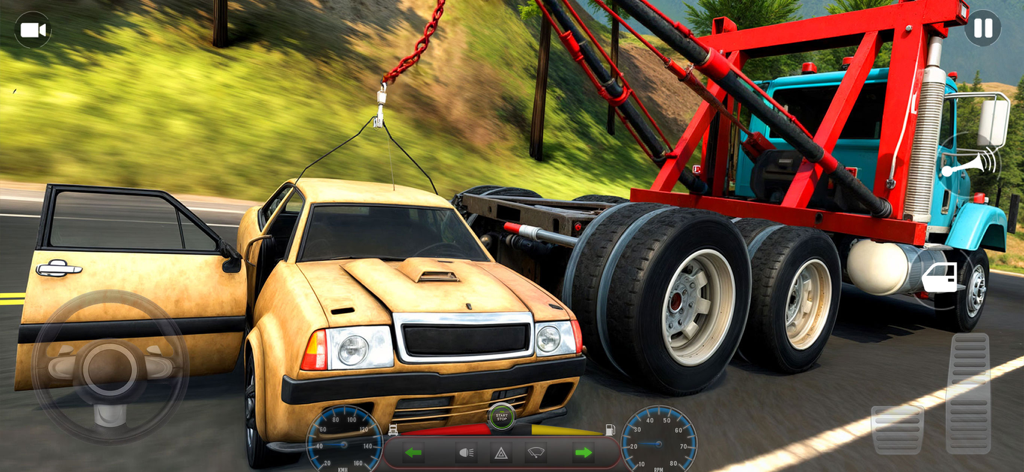 Pak Transport Truck Drive 3D - A tow truck carrying a car on a mountain road in the Pak Transport Truck Drive 3D mobile game
