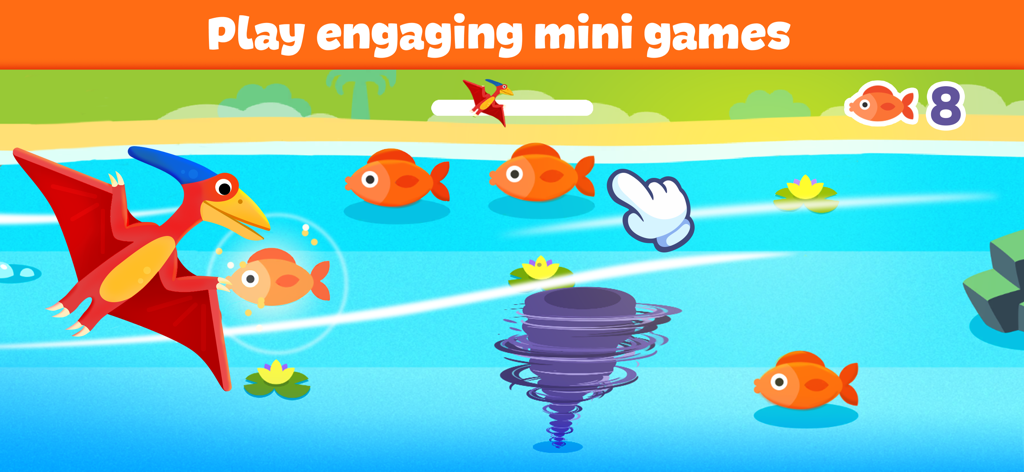 Dinosaur Games: Kids Learning - A colorful pterosaur catching orange fish in an interactive mini game for toddlers.