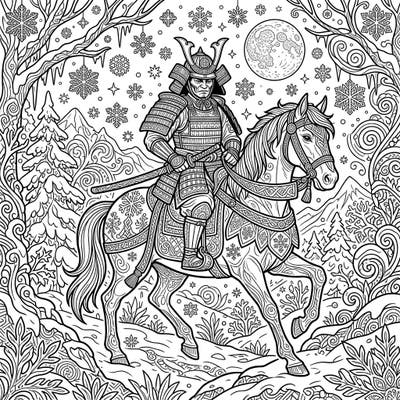 Embark on an epic journey with this intricate coloring page featuring a mounted samurai warrior. Ride through a serene winter wonderland, battling boredom with every stroke of your crayon.