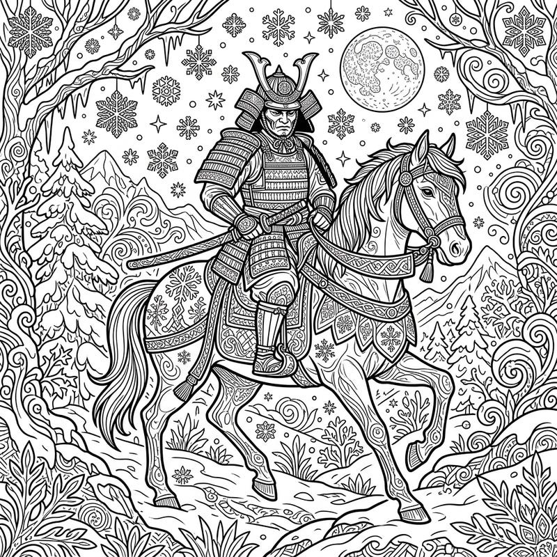 Embark on an epic journey with this intricate coloring page featuring a mounted samurai warrior. Ride through a serene winter wonderland, battling boredom with every stroke of your crayon.