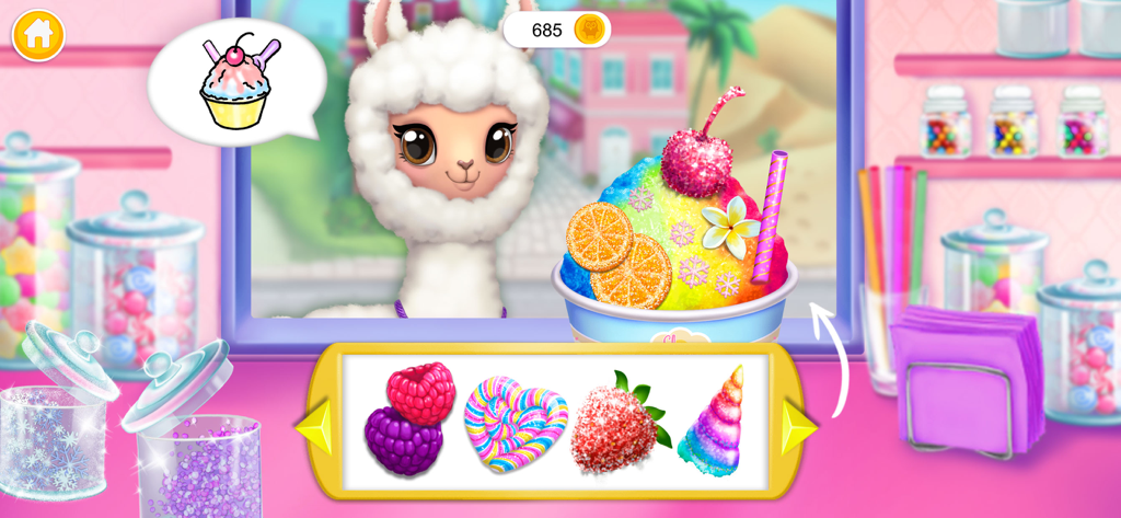 Swirly Icy Pops - Marshmallow la alpaca en una colorida tienda de postres decorando un postre helado de arcoíris con frutas y caramelos.