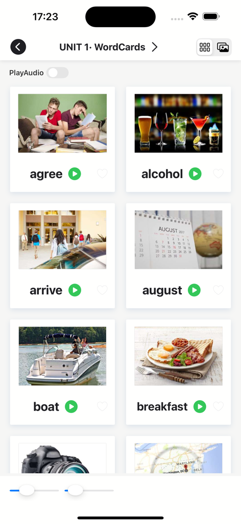 4000 Essential English Words ⑴ - Pantalla de aplicación móvil que muestra tarjetas de vocabulario en inglés con imágenes y botones de reproducción de audio para la unidad 1