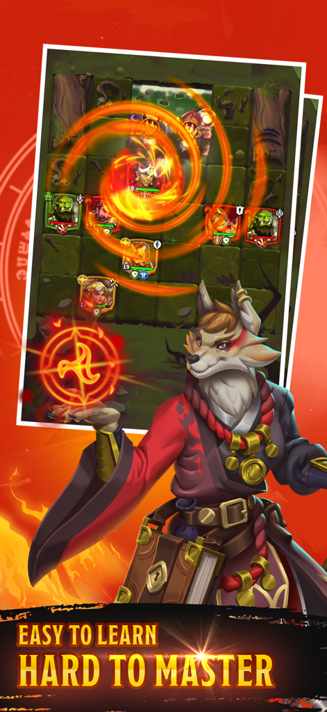 Friends & Dragons - Puzzle RPG - A kitsune hero character casting a fire spell over a tactical grid in a puzzle RPG game.