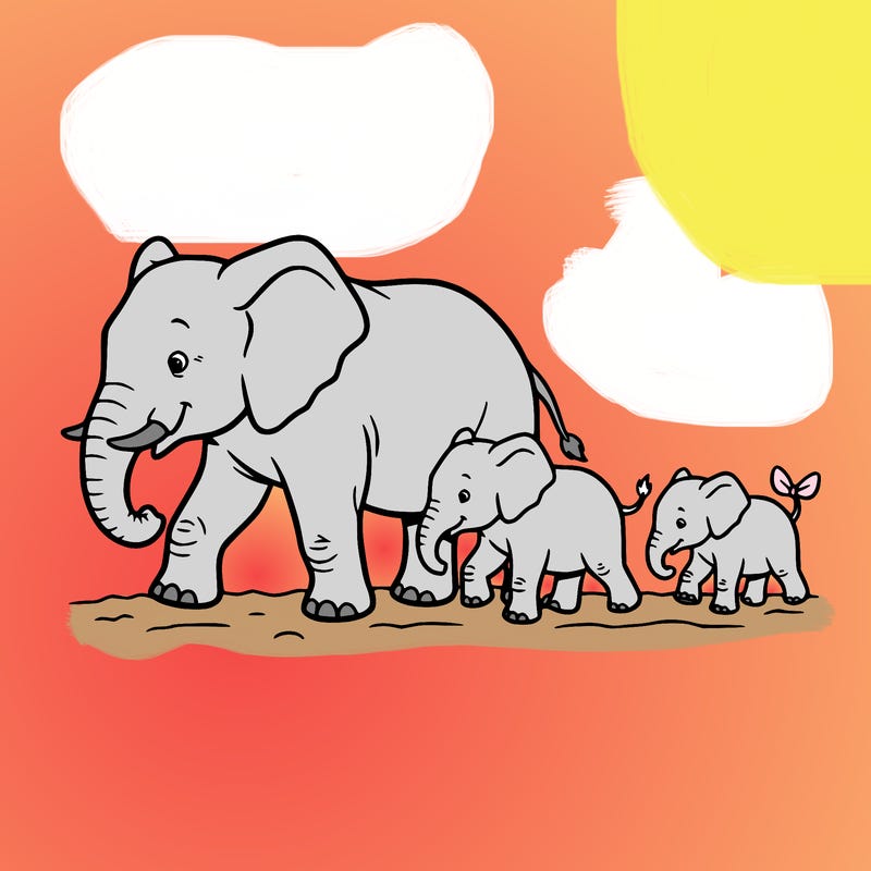 a mama elephant walking with 4 baby's behind it and the last on has a bow on it's tail