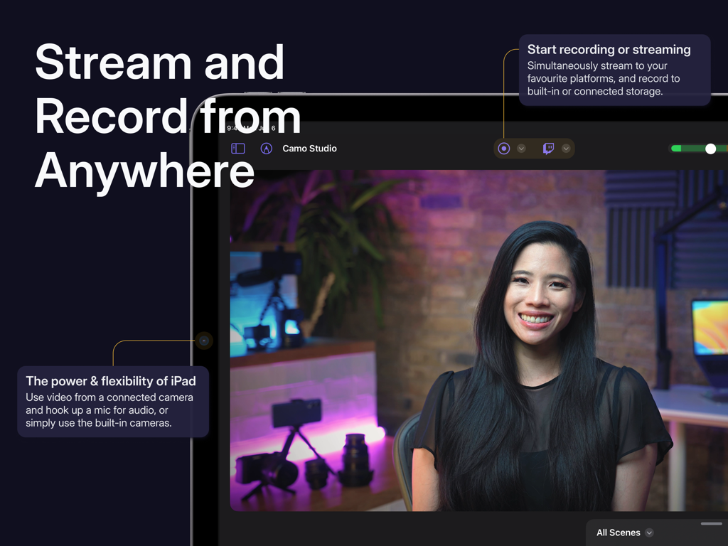 Camo Studio – Stream & Record - iPad上のCamo Studioアプリインターフェイス、ライブビデオストリームと録画コントロールを表示