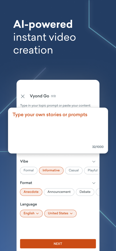 Interface of the Vyond Go mobile app showing options for AI video creation including text prompt input and style settings.