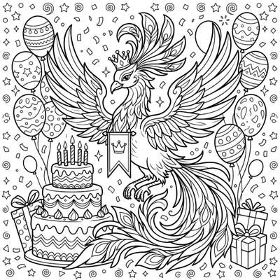 Ignite your creativity with this enchanting Royal Phoenix birthday celebration coloring page. Featuring a regal phoenix adorned with a crown amidst a festive array of cakes, balloons, and gifts, it's perfect for a magical coloring adventure.